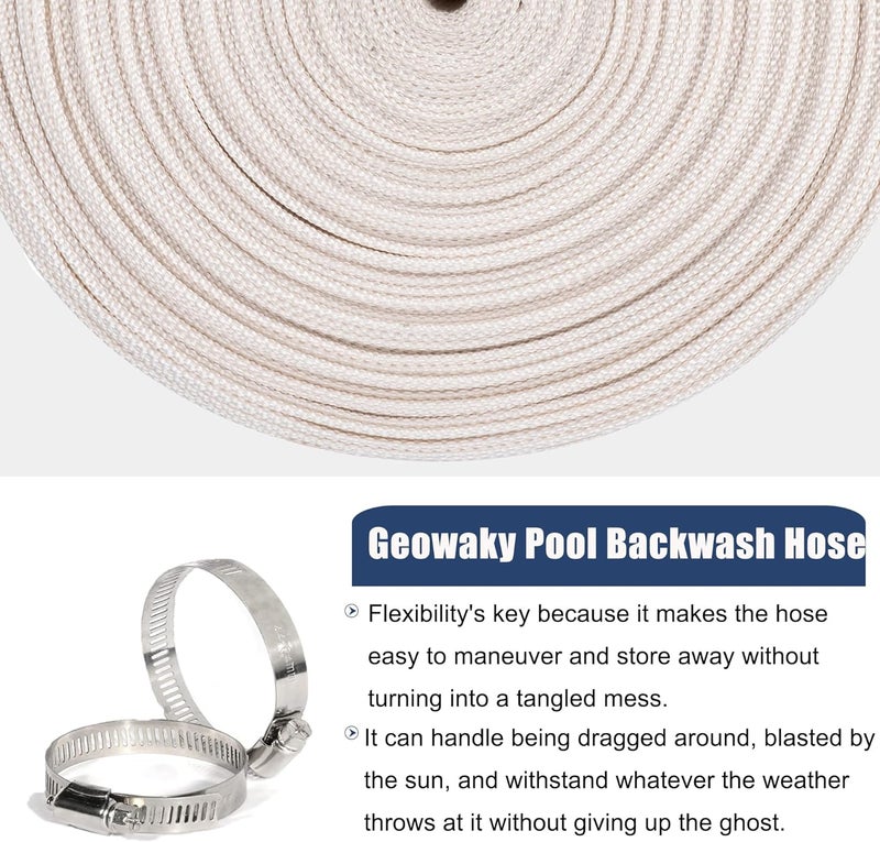 Geowaky Product image Backwash Hose 2"ID x 100ft Swimming Pool Discharge Hose Heavy Duty PVC Water Hose With 2 Clamps General Purpose Lay-Flat Pump Drain Pipe for Water Transfer Applications, White - Image 5